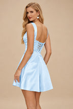 Rutipo Light Blue A-line Square Neckline Satin Short/Mini Homecoming Dress