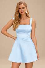 Rutipo Light Blue A-line Square Neckline Satin Short/Mini Homecoming Dress