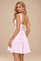 Rutipo Light Pink A-line Square Neckline Satin Short/Mini Homecoming Dress