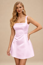 Rutipo Light Pink A-line Square Neckline Satin Short/Mini Homecoming Dress