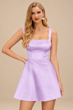Rutipo Lilac A-line Square Neckline Satin Short/Mini Homecoming Dress