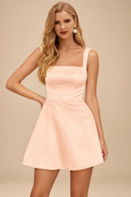 Rutipo Peach A-line Square Neckline Satin Short/Mini Homecoming Dress