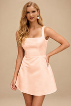 Rutipo Peach A-line Square Neckline Satin Short/Mini Homecoming Dress