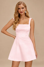 Rutipo Pearl Pink A-line Square Neckline Satin Short/Mini Homecoming Dress