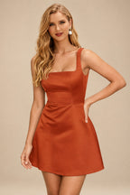 Rutipo Rust A-line Square Neckline Satin Short/Mini Homecoming Dress