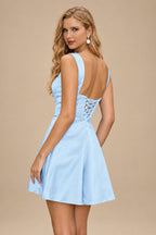 Rutipo Sky Blue A-line Square Neckline Satin Short/Mini Homecoming Dress