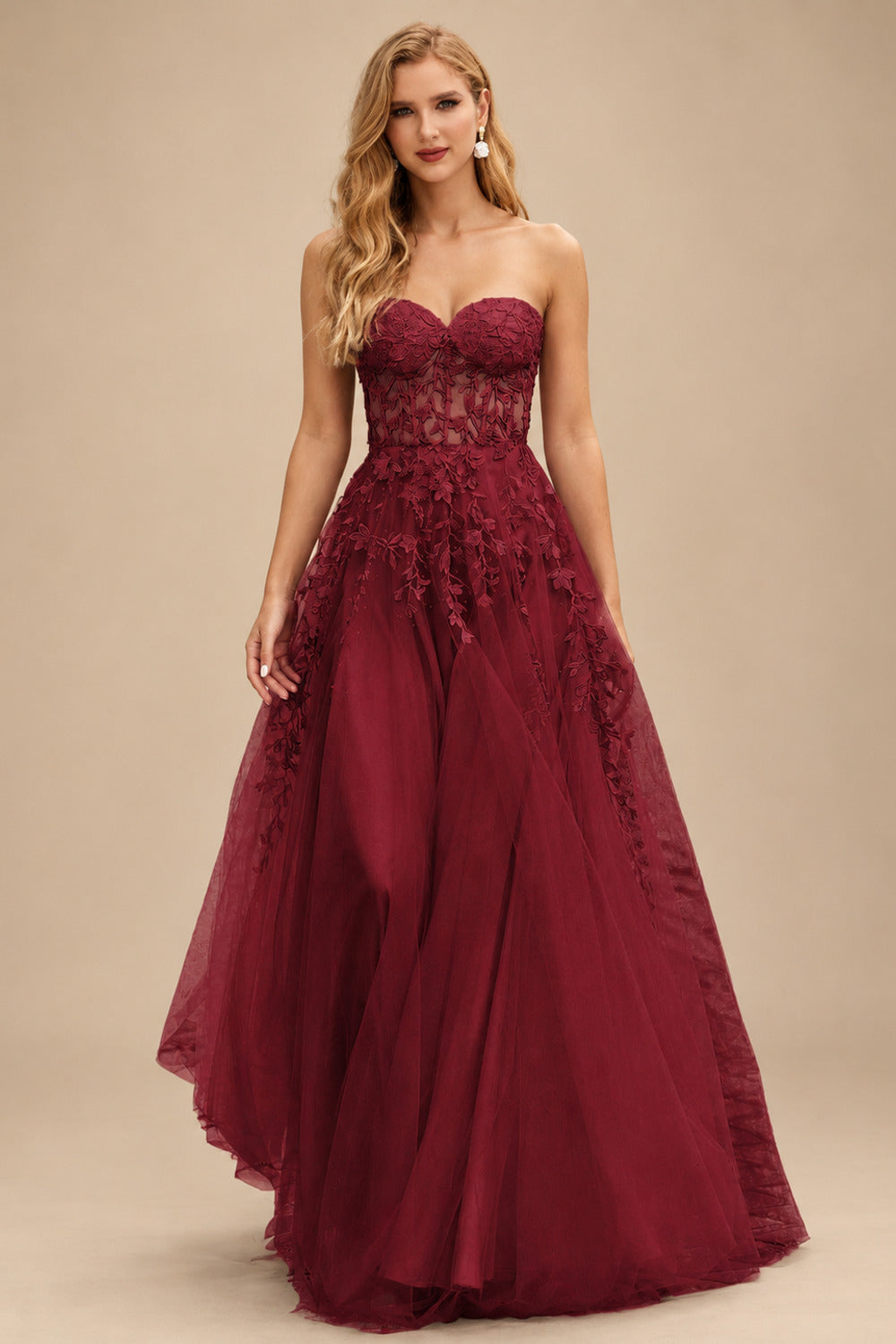 Rutipo Burgundy A-line Strapless Corset Tulle Floor-Length Prom Dress with Leaf Lace