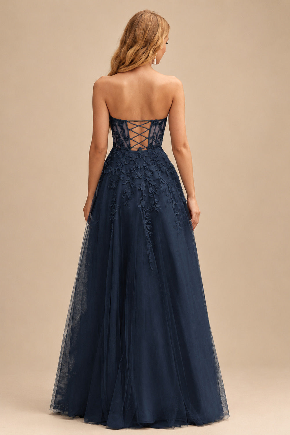 Rutipo Dark Navy A-line Strapless Corset Tulle Floor-Length Prom Dress with Leaf Lace
