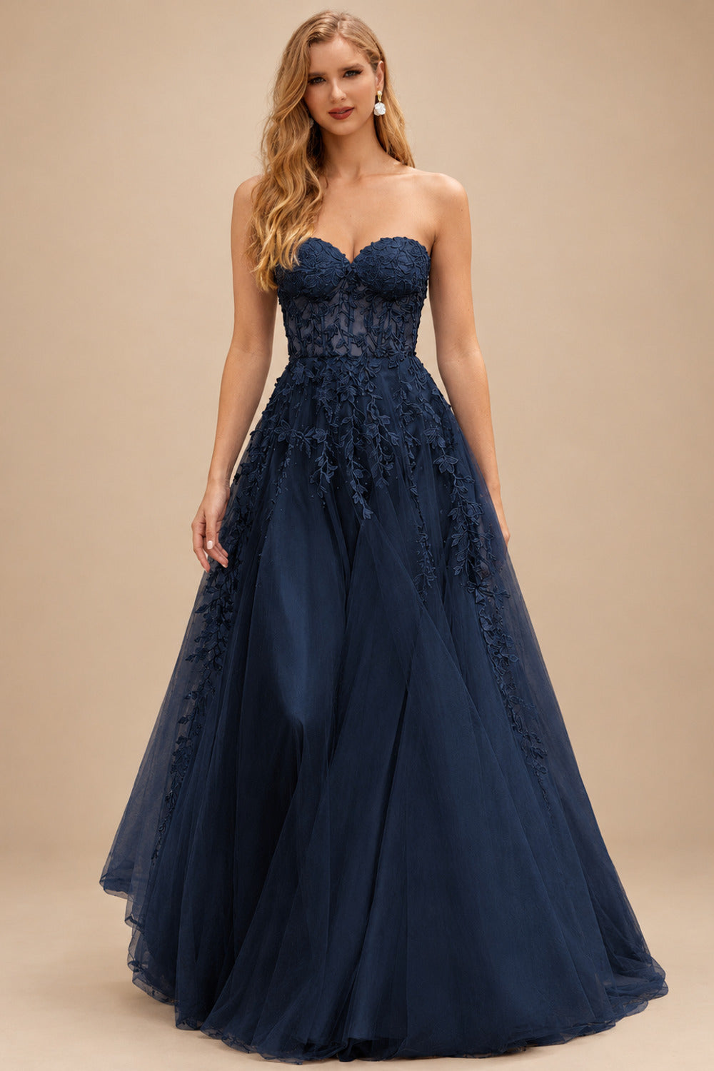 Rutipo Dark Navy A-line Strapless Corset Tulle Floor-Length Prom Dress with Leaf Lace