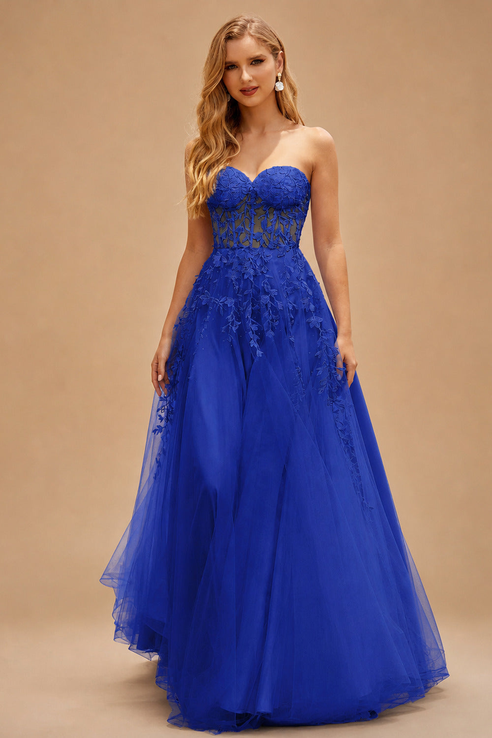 Rutipo Royal Blue A-line Strapless Corset Tulle Floor-Length Prom Dress with Leaf Lace