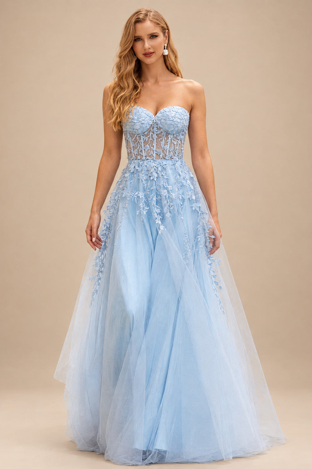 Rutipo Sky Blue A-line Strapless Corset Tulle Floor-Length Prom Dress with Leaf Lace