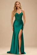 Rutipo As Picture Mermaid V-neck Spaghetti Straps Sweep Train Prom Dress With Slit Appliqued