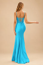 Rutipo Blue Mermaid V-neck Spaghetti Straps Sweep Train Prom Dress With Slit Appliqued