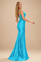 Rutipo Blue Mermaid V-neck Spaghetti Straps Sweep Train Prom Dress With Slit Appliqued