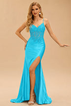 Rutipo Blue Mermaid V-neck Spaghetti Straps Sweep Train Prom Dress With Slit Appliqued