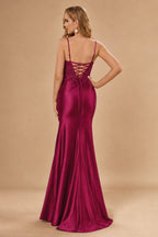 Rutipo Burgundy Mermaid V-neck Spaghetti Straps Sweep Train Prom Dress With Slit Appliqued