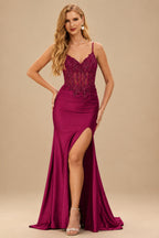 Rutipo Burgundy Mermaid V-neck Spaghetti Straps Sweep Train Prom Dress With Slit Appliqued