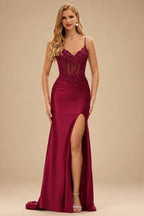 Rutipo Burgundy Mermaid V-neck Spaghetti Straps Sweep Train Prom Dress With Slit Appliqued