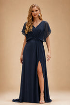 Rutipo Dark Navy Mermaid V-neck Spaghetti Straps Sweep Train Prom Dress With Slit Appliqued