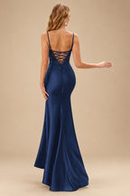 Rutipo Dark Navy Mermaid V-neck Spaghetti Straps Sweep Train Prom Dress With Slit Appliqued
