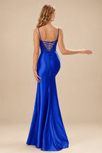 Rutipo Royal Blue Mermaid V-neck Spaghetti Straps Sweep Train Prom Dress With Slit Appliqued