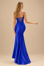 Rutipo Royal Blue Mermaid V-neck Spaghetti Straps Sweep Train Prom Dress With Slit Appliqued