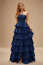 Rutipo Dark Navy A-line Square Neckline Strapless Floor-Length Taffeta Prom Dress with Ruffles Slit