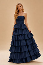 Rutipo Dark Navy A-line Square Neckline Strapless Floor-Length Taffeta Prom Dress with Ruffles Slit
