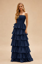 Rutipo Dark Navy A-line Square Neckline Strapless Floor-Length Taffeta Prom Dress with Ruffles Slit