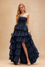 Rutipo Dark Navy A-line Square Neckline Strapless Floor-Length Taffeta Prom Dress with Ruffles Slit