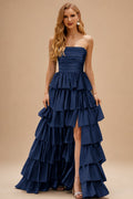 Rutipo Dark Navy A-line Square Neckline Strapless Floor-Length Taffeta Prom Dress with Ruffles Slit