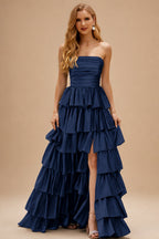 Rutipo Dark Navy A-line Square Neckline Strapless Floor-Length Taffeta Prom Dress with Ruffles Slit