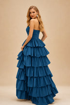 Rutipo Ink Blue A-line Square Neckline Strapless Floor-Length Taffeta Prom Dress with Ruffles Slit