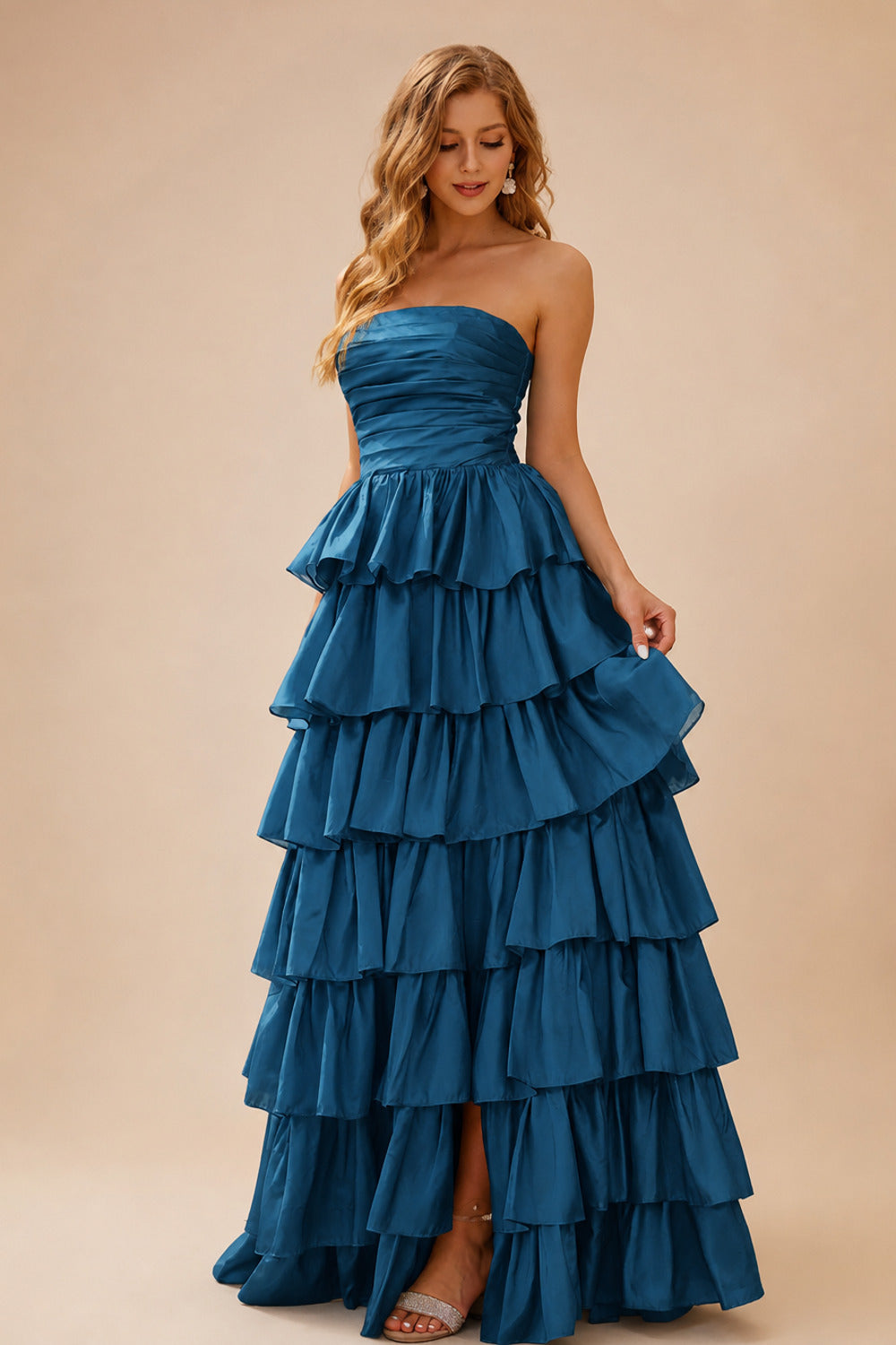 Rutipo Ink Blue A-line Square Neckline Strapless Floor-Length Taffeta Prom Dress with Ruffles Slit