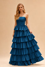 Rutipo Ink Blue A-line Square Neckline Strapless Floor-Length Taffeta Prom Dress with Ruffles Slit