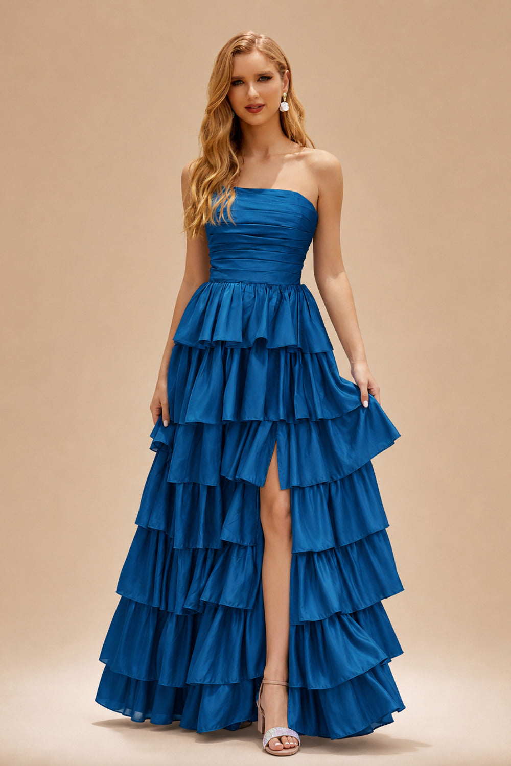 Rutipo Ink Blue A-line Square Neckline Strapless Floor-Length Taffeta Prom Dress with Ruffles Slit