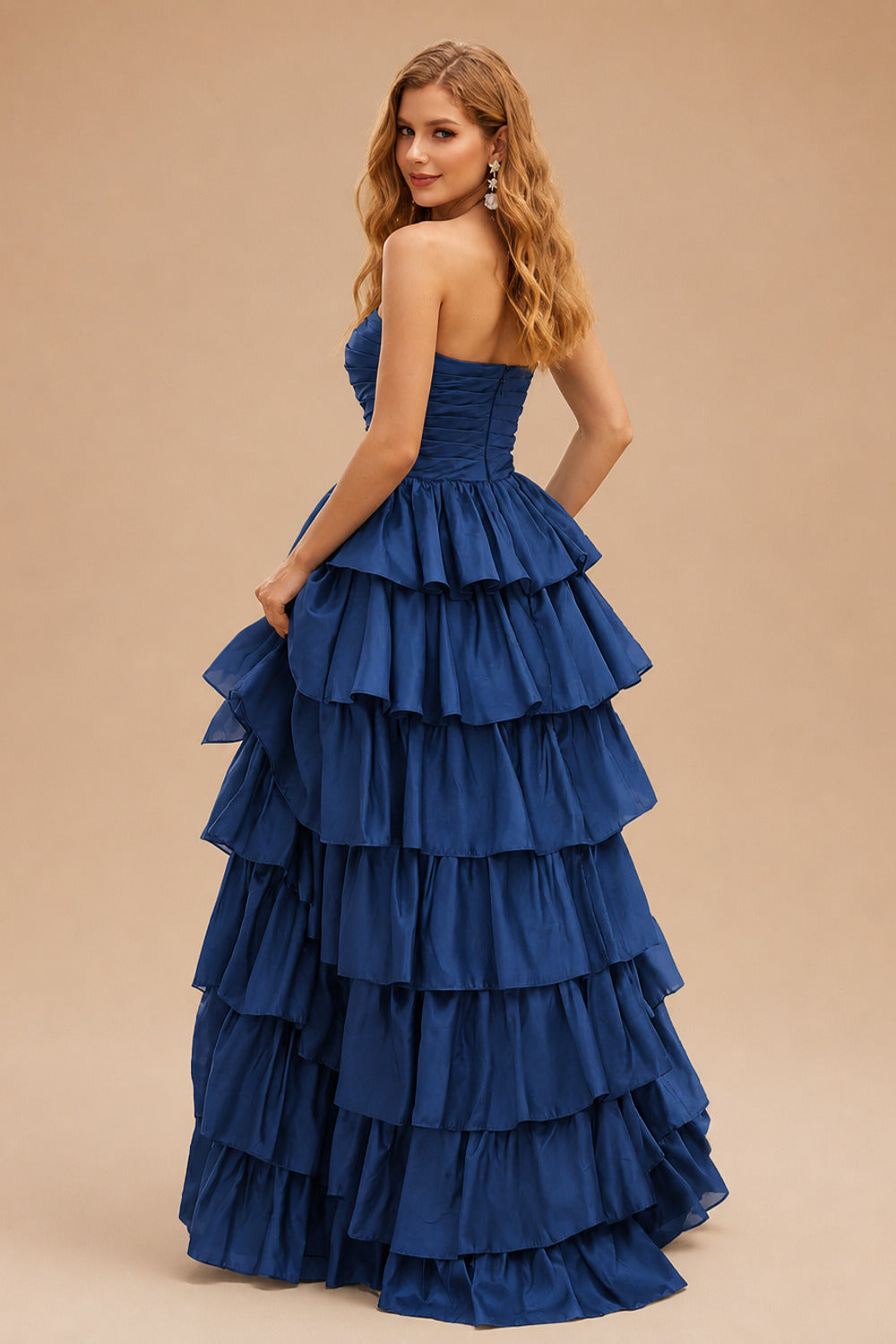 Rutipo Navy Blue A-line Square Neckline Strapless Floor-Length Taffeta Prom Dress with Ruffles Slit