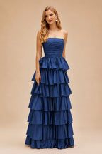 Rutipo Navy Blue A-line Square Neckline Strapless Floor-Length Taffeta Prom Dress with Ruffles Slit