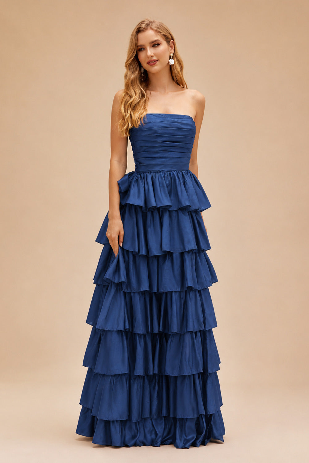 Rutipo Navy Blue A-line Square Neckline Strapless Floor-Length Taffeta Prom Dress with Ruffles Slit
