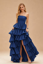 Rutipo Navy Blue A-line Square Neckline Strapless Floor-Length Taffeta Prom Dress with Ruffles Slit