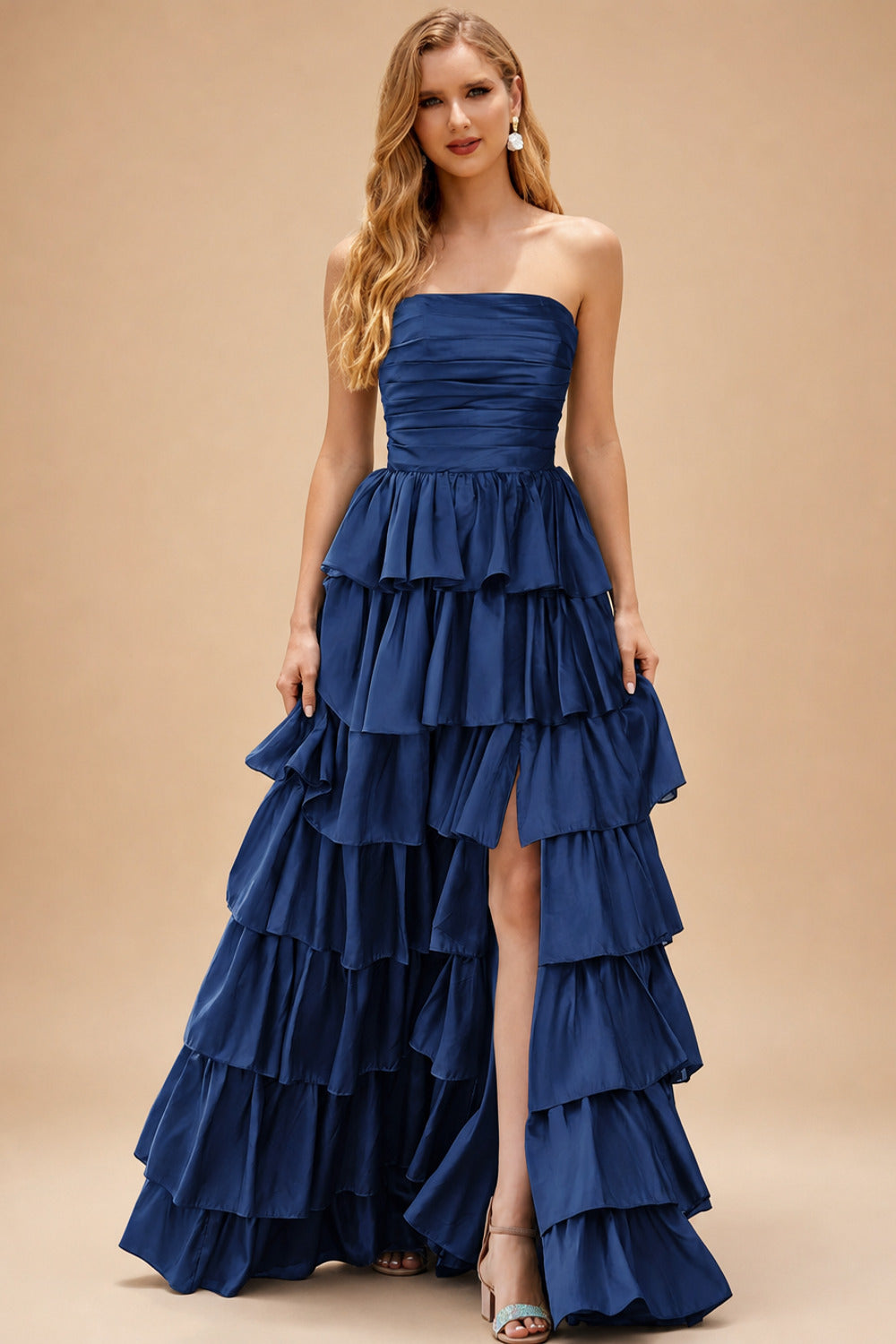 Rutipo Navy Blue A-line Square Neckline Strapless Floor-Length Taffeta Prom Dress with Ruffles Slit