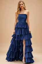 Rutipo Navy Blue A-line Square Neckline Strapless Floor-Length Taffeta Prom Dress with Ruffles Slit
