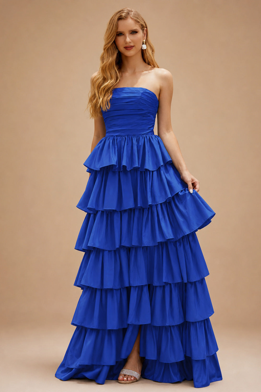 Rutipo Royal Blue A-line Square Neckline Strapless Floor-Length Taffeta Prom Dress with Ruffles Slit