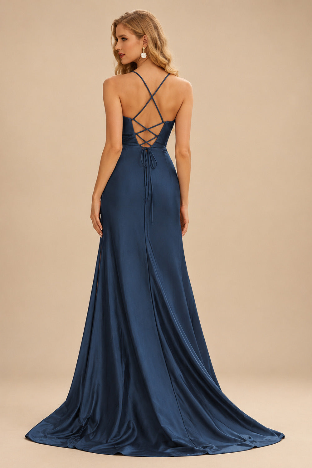 Rutipo Dark Navy Shiny Satin Fitted Cowl Neck Sweep Train Slit Prom Dress with Side Drape