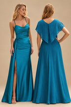 Rutipo Ink Blue Shiny Satin Fitted Cowl Neck Sweep Train Slit Prom Dress with Side Drape