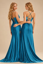Rutipo Ink Blue Shiny Satin Fitted Cowl Neck Sweep Train Slit Prom Dress with Side Drape
