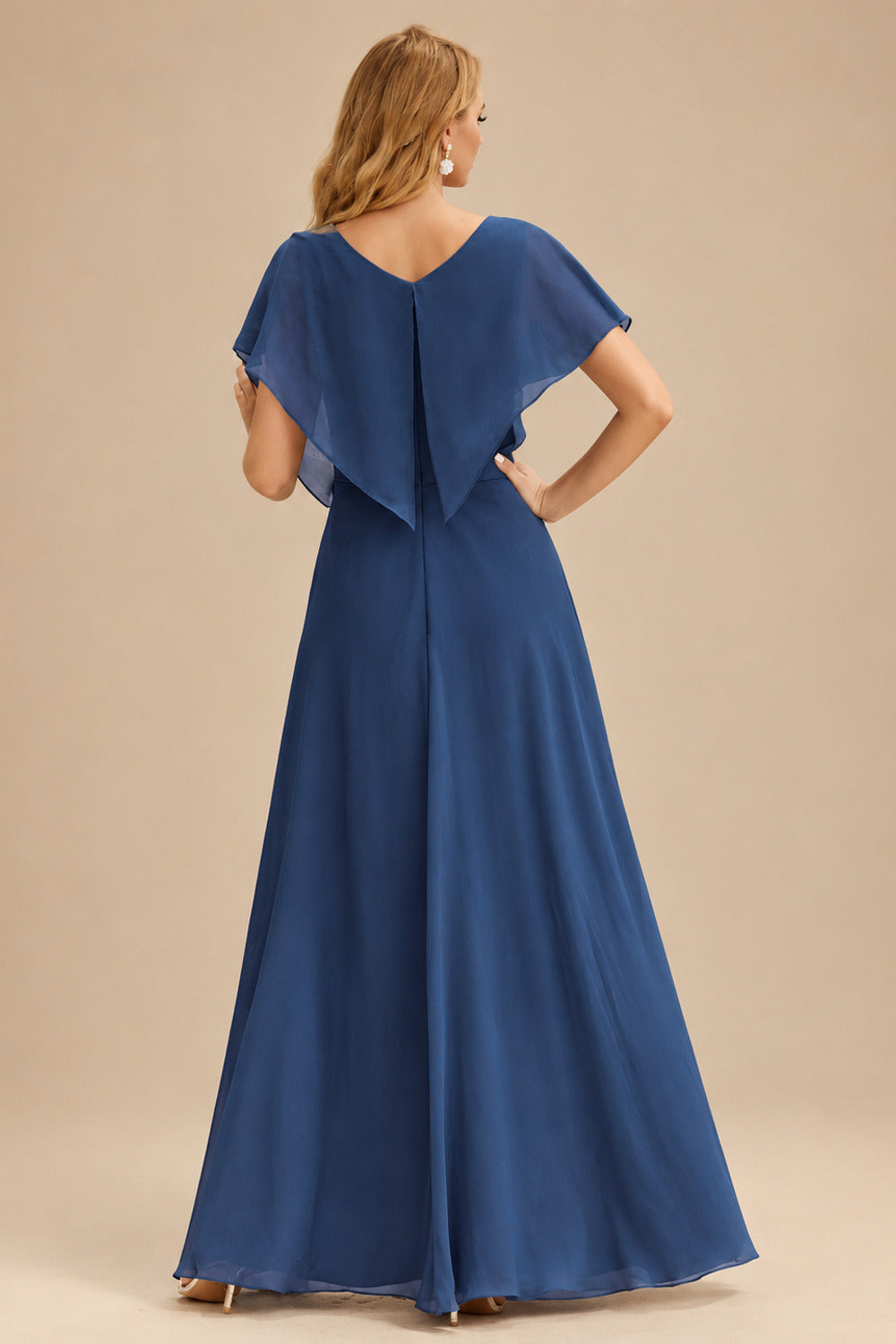 Rutipo Navy Blue Shiny Satin Fitted Cowl Neck Sweep Train Slit Prom Dress with Side Drape