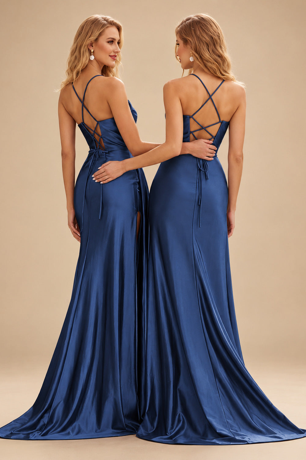 Rutipo Navy Blue Shiny Satin Fitted Cowl Neck Sweep Train Slit Prom Dress with Side Drape