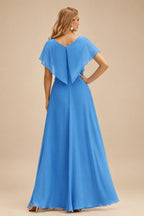 Rutipo Ocean Blue Shiny Satin Fitted Cowl Neck Sweep Train Slit Prom Dress with Side Drape