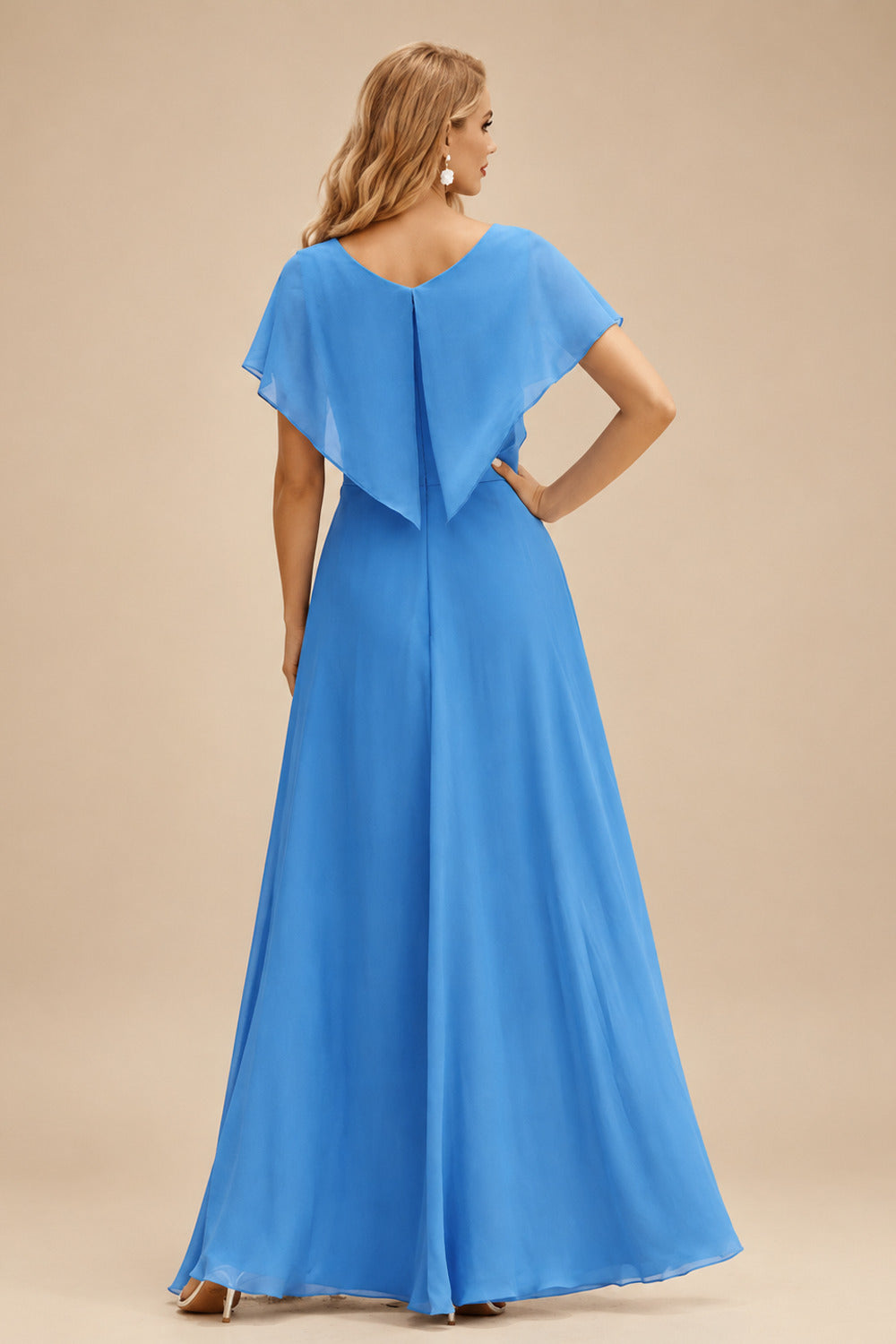 Rutipo Ocean Blue Shiny Satin Fitted Cowl Neck Sweep Train Slit Prom Dress with Side Drape